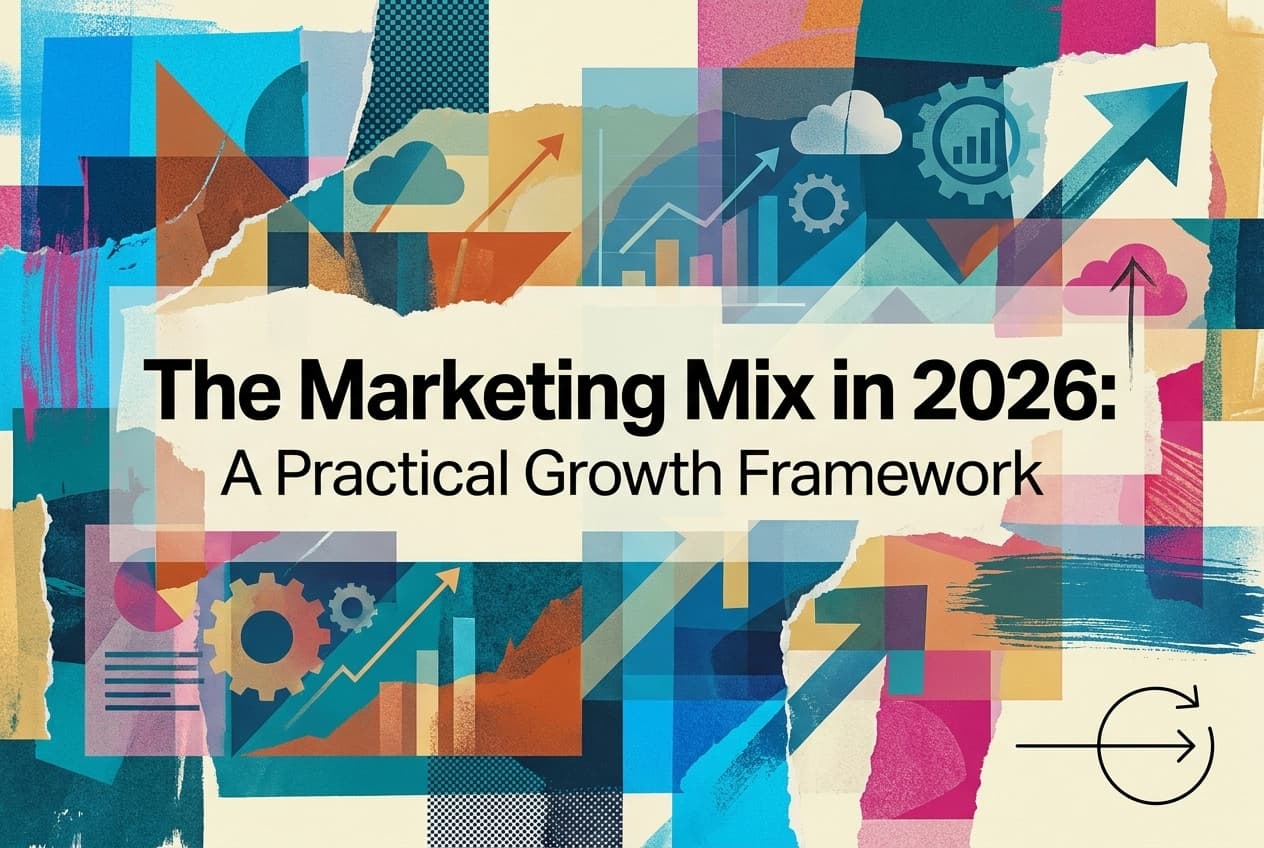 Professional header image for educational tutorial: The Marketing Mix in 2026: A Practical Growth Framework