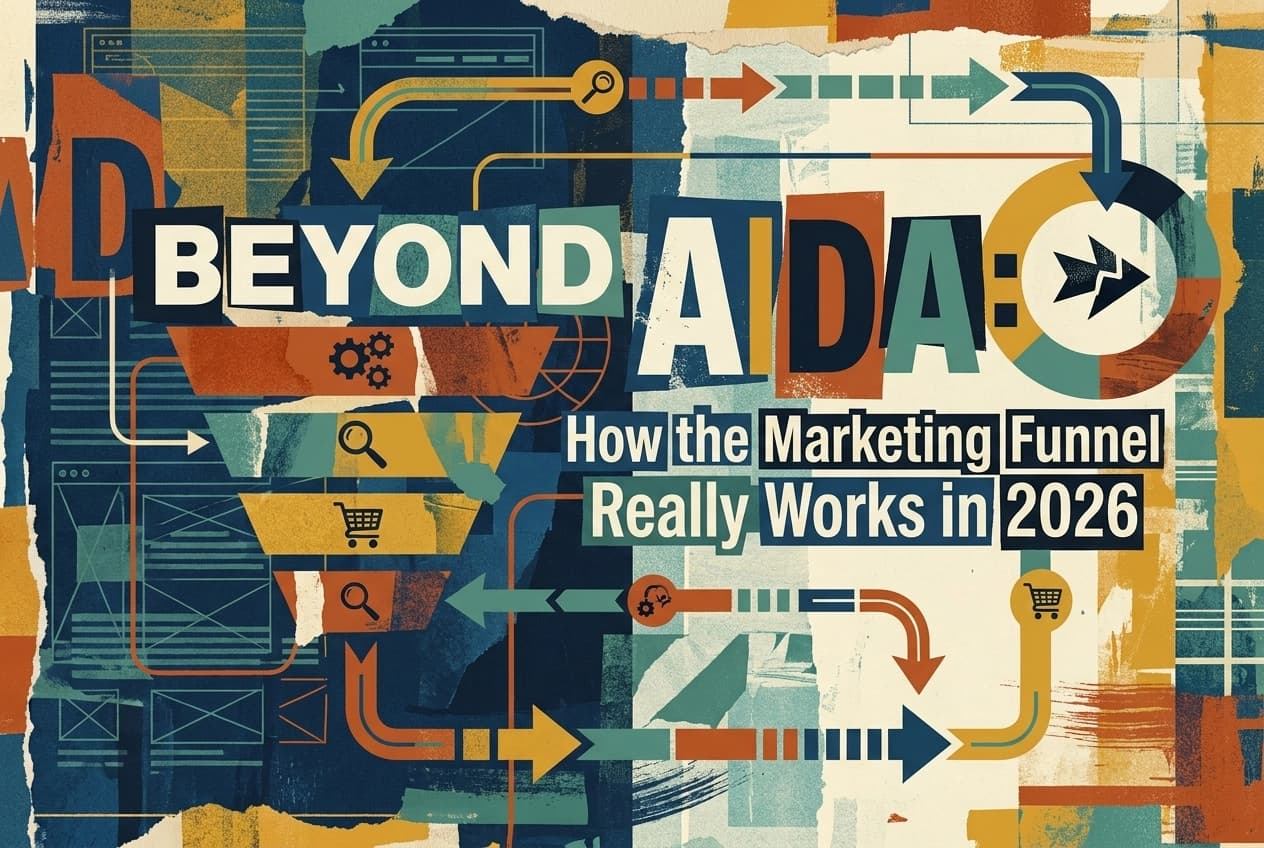 Professional header image for educational tutorial: Beyond AIDA: How the Marketing Funnel Really Works in 2026